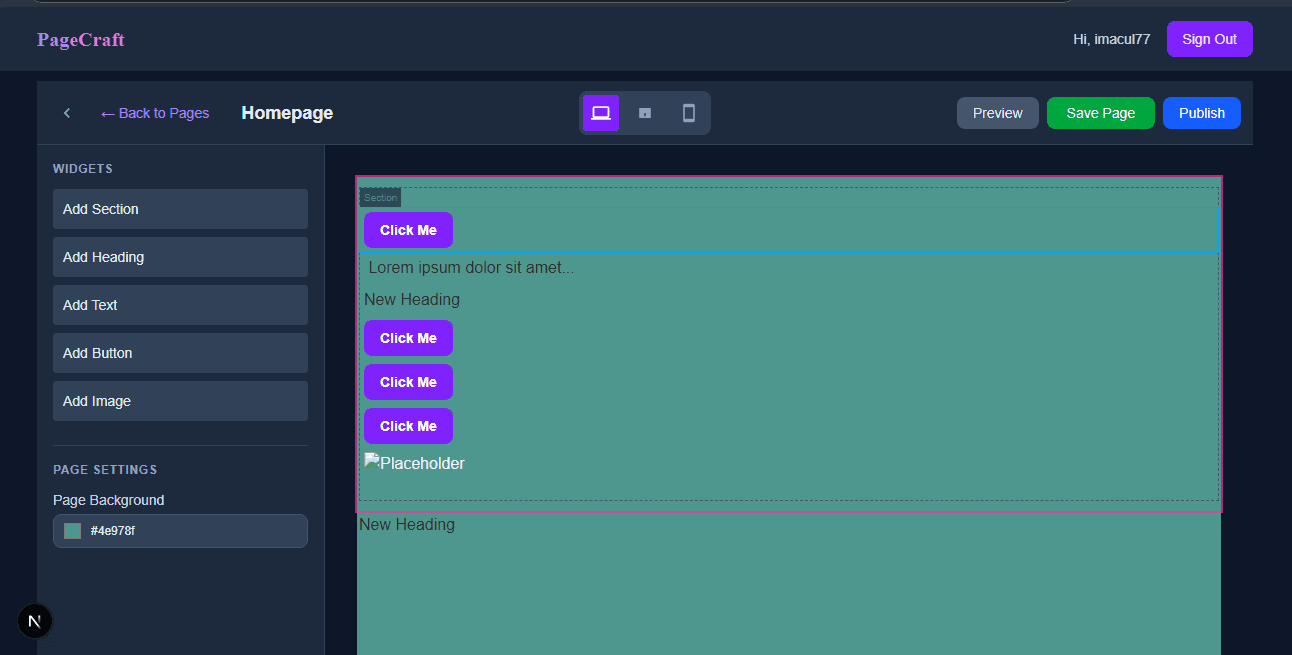 screenshot sample of pagecraft builder